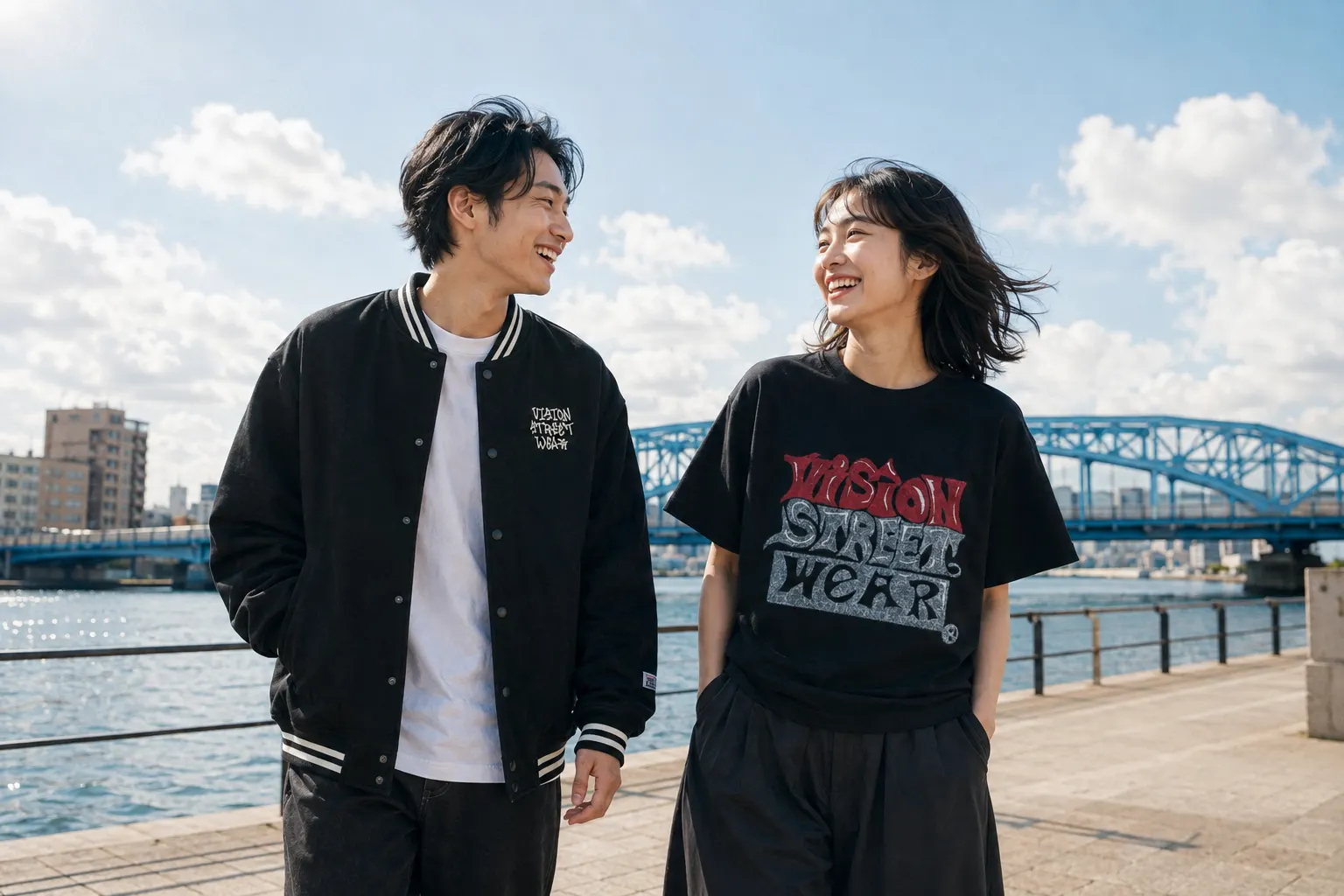 VISION STREET WEAR を着た二人が川沿いを歩く