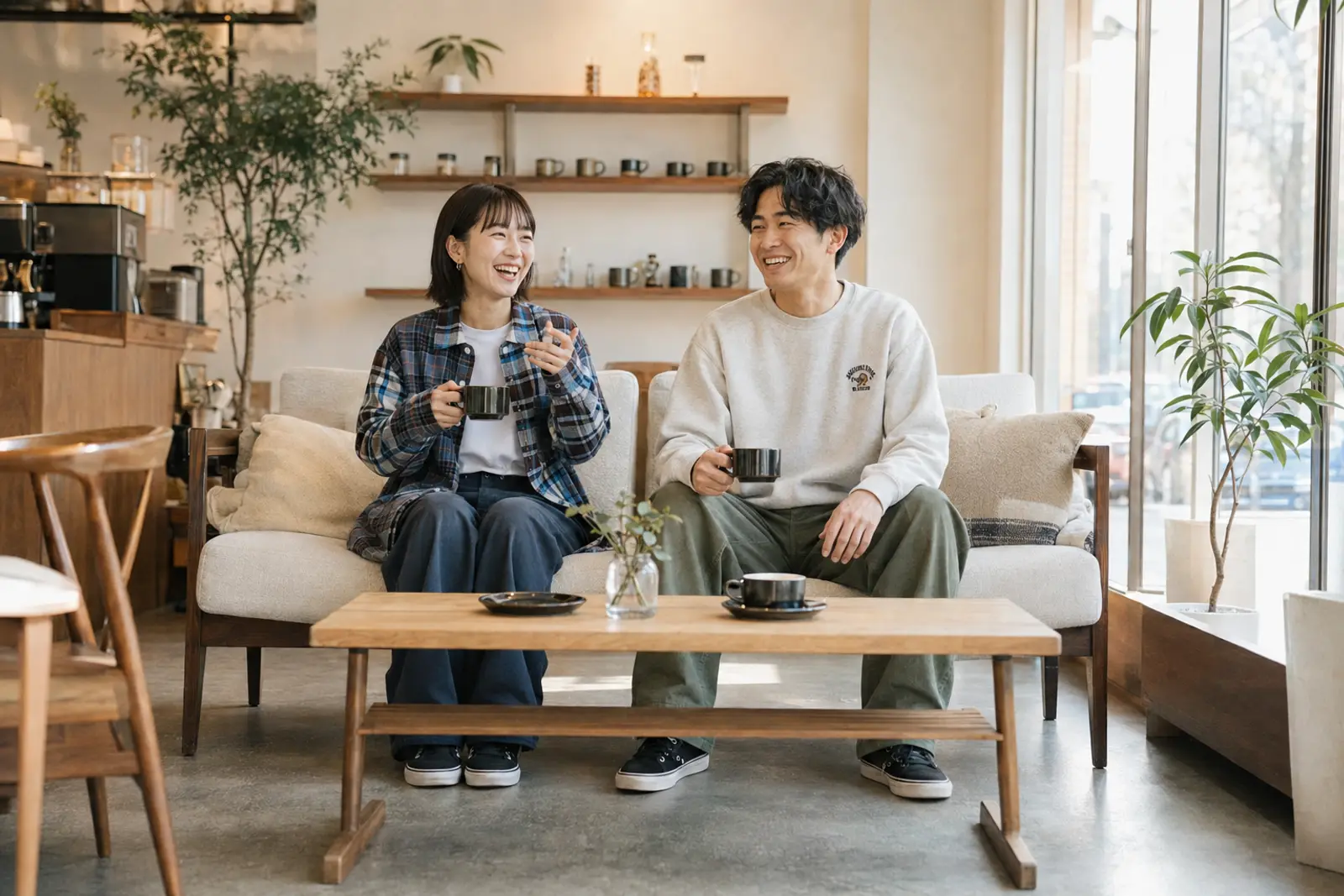 同じ二人がカフェで笑う