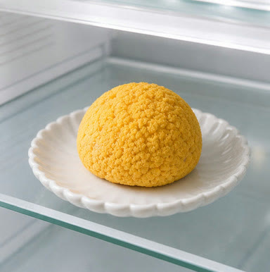 冷蔵庫の皿の上で解凍を待つクッキーシュー